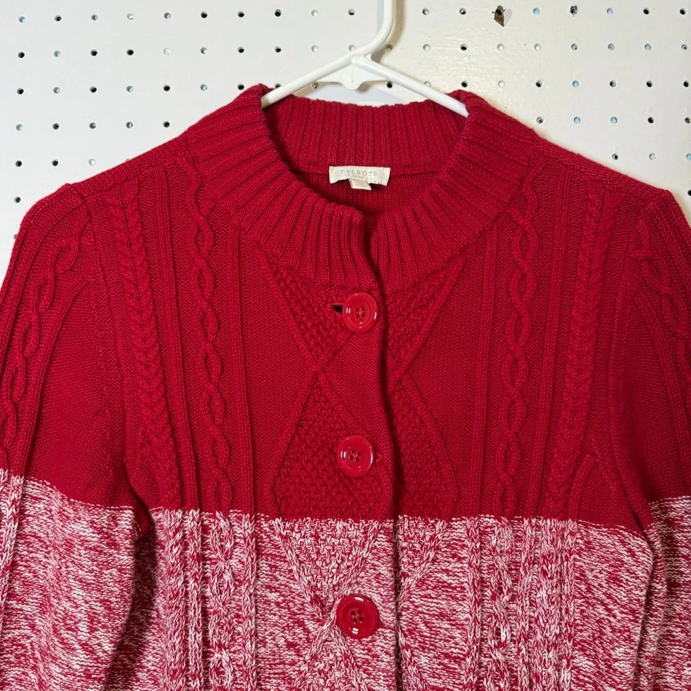 Talbots Cardigan Women's Size‎ Small Red White Cable Knit Long Sleeve Sweater
